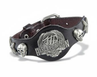 Pulsera de cuero Harley-Davidson para motociclistas: brazalete con tachuelas de calavera y estrellas