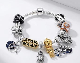 Pulsera plateada con 10 dijes de Star Wars - Grogu Darth Vader R2D2