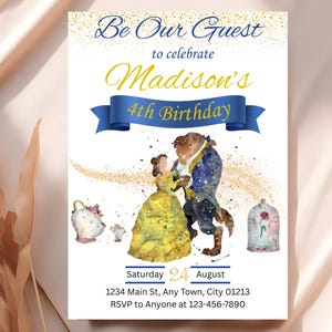 EDITABLE Beauty And The Beast Birthday Invite, Beauty And Beast Party, Watercolor Princess Belle Invitation Any Age Invites, Canva Template