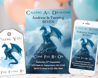 EDITABLE Dragon Birthday Invitation and Thank You Tag, Dragon Wings Party Invite, Customizable Printable and Digital Dragon Invitation w/tag