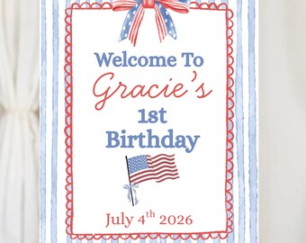 Editable All American Girl Birthday Welcome Sign, One American Girl Party, 4th of July Birthday Decor, Little Firecracker Party Welcome Sign