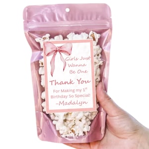 Girls Just Wanna Be One Pink Bow Popcorn Bag Labels (Digital Download)