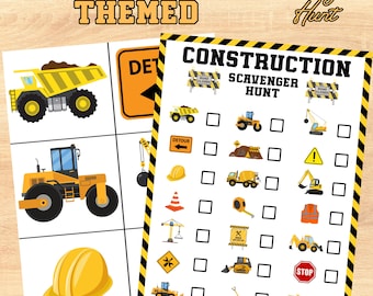 May include: Two construction-themed activity sheets. One features a scavenger hunt with construction vehicle illustrations and check boxes. The other has illustrations of construction vehicles and a yellow hard hat. The text "CONSTRUCTION THEMED" is at the top.