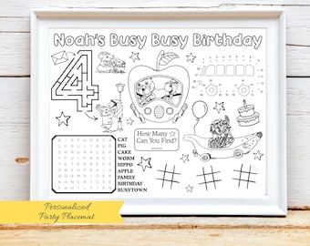 PERSONALIZED Busy Town Birthday Activity Placemat, Animal Town Party Coloring Page, Bus Birthday Party Favor, Storybook Birthday Color Page
