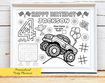 Mantel individual personalizado de Monster Truck para cumpleaños, fiesta de camiones de carreras, recuerdo de fiesta de Monster Jam, decoración de Monster Jam, tapete para colorear de camiones