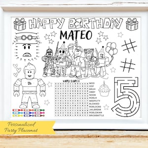 May include: A white framed personalized party placemat with the text "HAPPY BIRTHDAY MATEO". The black and white design includes Roblox characters, a word search, a maze, and a connect-the-dots activity. The bottom of the placemat has a colorful design.