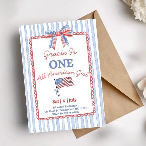 Editable All American Girl Birthday Invitation, Little Firecracker Invite, Patriotic 1st Birthday, One American Babe, One All American Girl