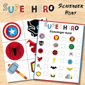 May include: Superhero-themed scavenger hunt game sheets. The sheets feature colorful superhero logos and icons, including a shield, spider, and hammer. The text "SUPERHERO" and "Scavenger Hunt" are displayed at the top.