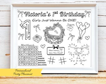 PERSONALIZED Girls Just Wanna Be ONE Activity Sheet, Coquette Ribbon Theme Party, Pink Bow Party Favor, Girls 1st Birthday Coloring Sheet