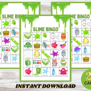 Könnte beinhalten: Drei "Slime Bingo" Spielkarten mit grünen Schleimakzenten und weißem Hintergrund. Jede Karte zeigt ein Raster mit farbenfrohen Bildern und Wörtern zum Thema Schleim. Der Text "SLIME BINGO" und "SOFORT-DOWNLOAD" sind sichtbar.