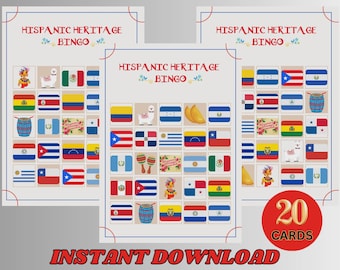 Hispanic Heritage Month Bingo Game, Classroom Printable, Hispanic Celebration Game, Hispanic Countries Bingo, Flag Bingo, Cultural Game