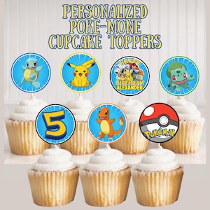 PERSONALIZED Poke Character Cupcake Toppers, 24 Poke Mon Inspired Toppers, Anime Cupcake Toppers, Catch Em All Birthday, Poke Animal Decor