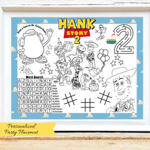 PERSONALISIERTE Toy Story Geburtstag Tischset, Spielzeug Färbung Aktivität, Woody Buzz Party Favor, Toy Story Spiele, Spielzeug-Party Dekor, Digitale Datei 001