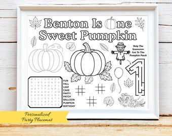 PERSONALIZED Pumpkin Birthday Activity Placemat, One Little Pumpkin Birthday, Fall Party, Spooky One Party, Pumpkin Party Favor, Fall Decor