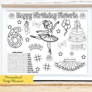 PERSONALIZED Ballerina Theme Birthday Activity Sheet, Ballerina Party Favor, Tutu Sweet Party, Ballet Coloring Placemat, Ballerina Games