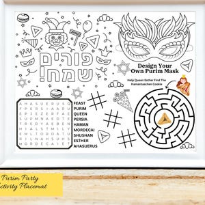 Puede incluir: Un mantel individual de actividades para la fiesta de Purim en blanco y negro con un laberinto, una búsqueda de palabras y un diseño de máscara. Incluye el texto "Design Your Own Purim Mask".