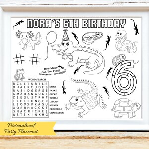 May include: Black and white personalised party placemat with the text "Nora's 6th Birthday". The placemat features illustrations of various reptiles, a maze, a word search, and the text "How Many Can You Find?"