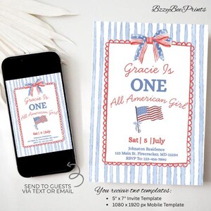 Editable All American Girl Birthday Invitation, Little Firecracker Invite, Patriotic 1st Birthday, One American Babe, One All American Girl image 3