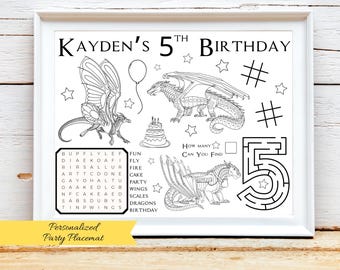 PERSONALIZED Dragon Birthday Activity Placemat, Dragon Fire Party, Dragon Wings Coloring Page, Dragon Book Theme Party, Dragon Game Sheet