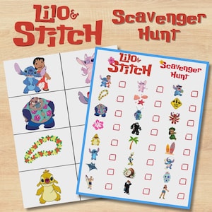 May include: Two white sheets of paper with a Lilo & Stitch theme. One sheet has images of characters and a lei. The other sheet is a scavenger hunt with images of characters and objects. The words "Lilo & Stitch" and "Scavenger Hunt" are in red.