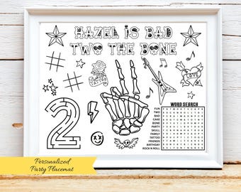 PERSONALIZED Bad Two the Bone Birthday Party Placemat, Bad Two the Bone Party Favor, Tattoo Party Coloring Sheet, Skull Theme Activity Sheet