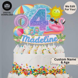Personalized Printable Pool Party Cake Topper, Summer Birthday Party Decor, Editable Fun in the Sun Theme, Kids Splash Bash,Instant Download
