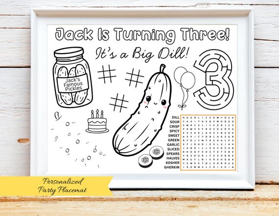 PERSONALIZED Pickle Themed Birthday Activity Placemat, Pickle Coloring Sheet, Big Dill Party, Pickle Cucumber Party Favor, Pickle Games