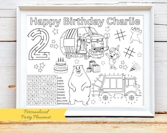 PERSONALIZED Garbage Truck Birthday Theme Activity Sheet, Trash Truck Party Placemat, Garbage Truck Party Favor, Trash Bash Coloring Sheet