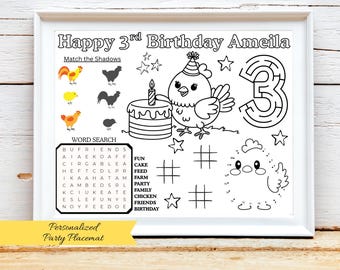 PERSONALIZED Chicken Birthday Activity Placemat, This Chick Is 3, This Chick is One, Little Chick Party Game, Chicken Party Favor,Farm Party