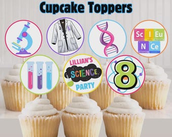 Adornos personalizados para cupcakes de fiesta de ciencias, suministros para fiestas de laboratorio de ciencias, adornos para cupcakes de cumpleaños de científicos locos, decoración personalizada para fiestas de ciencias.
