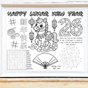 May include: A framed black and white illustration for Lunar New Year. The image includes a horse, lanterns, and the number 26 in a maze design. Text includes "Happy Lunar New Year" and a word search.