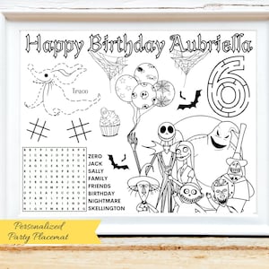 Mantel individual personalizado de cumpleaños con actividades de pesadilla espeluznante, páginas para colorear de Jack y Sally, página de actividades de Skellington, fiesta de pesadilla navideña