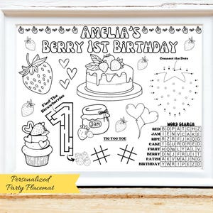 Personalized Berry First Birthday Activity Placemat: Strawberry Party Favor (Digital Download)