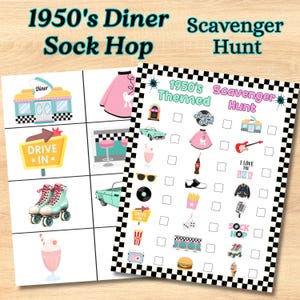 Poszukiwanie skarbów w stylu lat 50., gra imprezowa z lat 50., poszukiwanie skarbów w stylu „Diner Sock Hop” z lat 50., retroaktywne zajęcia urodzinowe, gry imprezowe dla dzieci w stylu lat 50.