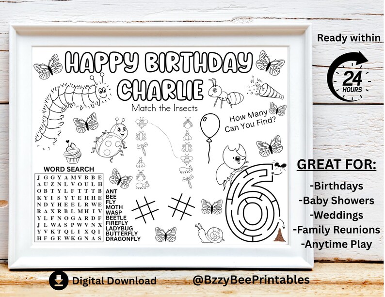 Charlie Insect Matriculation Personalized Bugs Birthday Activity Sheet, Insect Party Favor, Bug ...