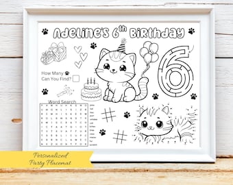Personalized Kitty Cat Birthday Activity Placemat: Kitten Coloring Page (Digital Download