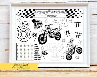 PERSONALISIERTE Dirt Bike Geburtstagsaktivität Tischset, Rennrad Party, Motorrad Thema Malseite, Motorrad Party, Motocross Renngeschenke