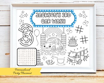 May include: Black and white personalised party placemat with a car wash theme. Features a maze, word search, connect-the-dots, and car wash illustrations. Includes the text "Jackson's 3rd Car Wash" in a blue banner.