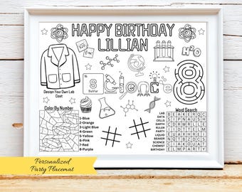 Hoja de actividades de cumpleaños de ciencias personalizada, recuerdo de fiesta de científico loco, cumpleaños con temática de química, actividad para fiesta de cumpleaños STEM, tapete de ciencias