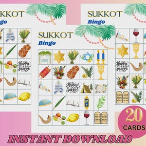 May include: Three bingo cards with a Sukkot theme. The cards feature illustrations of Jewish symbols and the text "SUKKOT Bingo" at the top. The cards have a pink and yellow background with the text "INSTANT DOWNLOAD" and "20 CARDS".