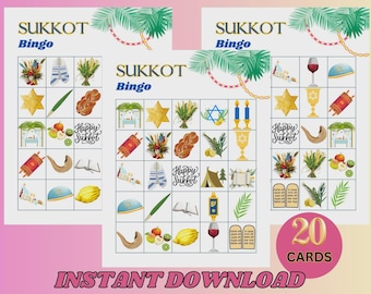 Sukkot Bingo Game, Jewish Holiday Activity, 20 Printable Cards Sukkot Bingo, Jewish Bingo, Kids Jewish Learning, Jewish Kids Game, Sukkot