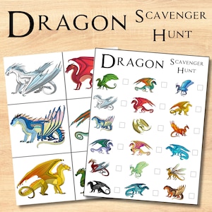 Puede incluir: Dos hojas de papel con un tema de búsqueda del tesoro de dragones. La hoja superior tiene la palabra "Dragon" en letras negras grandes, con "Scavenger Hunt" debajo. Las hojas presentan ilustraciones de dragones coloridos.