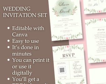 May include: A wedding invitation set with floral accents. The invitation features the names "Olivia and David" and event details. The set includes RSVP cards, menus, and other stationery. The text includes "Editable with Canva" and "You can print it or use it digitally."