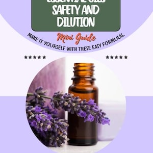 Può includere: Una bottiglia marrone di olio essenziale con un rametto di lavanda viola. L'immagine è una mini guida intitolata "Oli essenziali, sicurezza e diluizione". Il testo della guida recita "Fai da te con queste formule facili" e "Guide utili che ti danno il controllo."