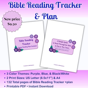 May include: Two white pages of a Bible Reading Tracker and Plan. The left page reads Bible Reading Tracker and Bonus Reading Plan Included. The right page reads A Simple Guide to Read Through the Bible in One or Two Years and BIBLE READING PLAN.