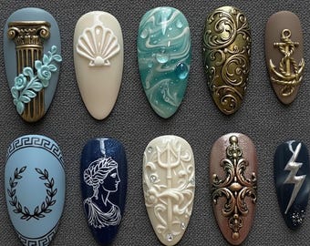 Ancient Greek Press On Nails | Poseidon Trident Anchor Nails | Handmade Luxury Set