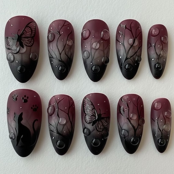 Dark Butterfly Cat Press On Nails, Gothic Romantic Nail Art, Burgundy Ombre Press On Nails