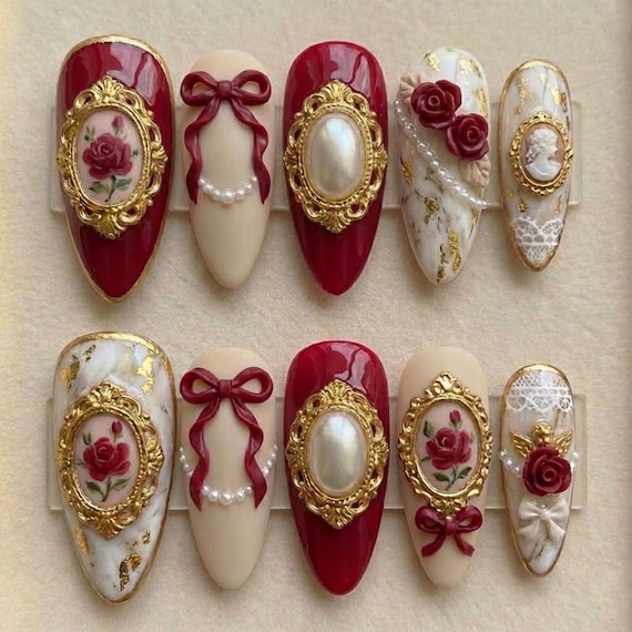 Handmade Baroque Press On Nails | Red Rose Gold Frame Pearl 3D Art | Long Almond Luxury Vintage Nails