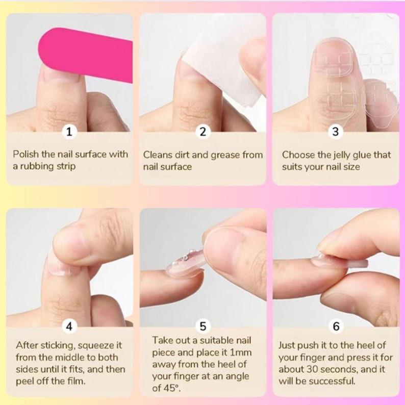 May include: A step-by-step guide for applying artificial nails. The image shows a pink nail file, a wipe, jelly glue, and nail pieces. Instructions include polishing, cleaning, choosing glue, applying, and pressing for 30 seconds. Text instructions are included.