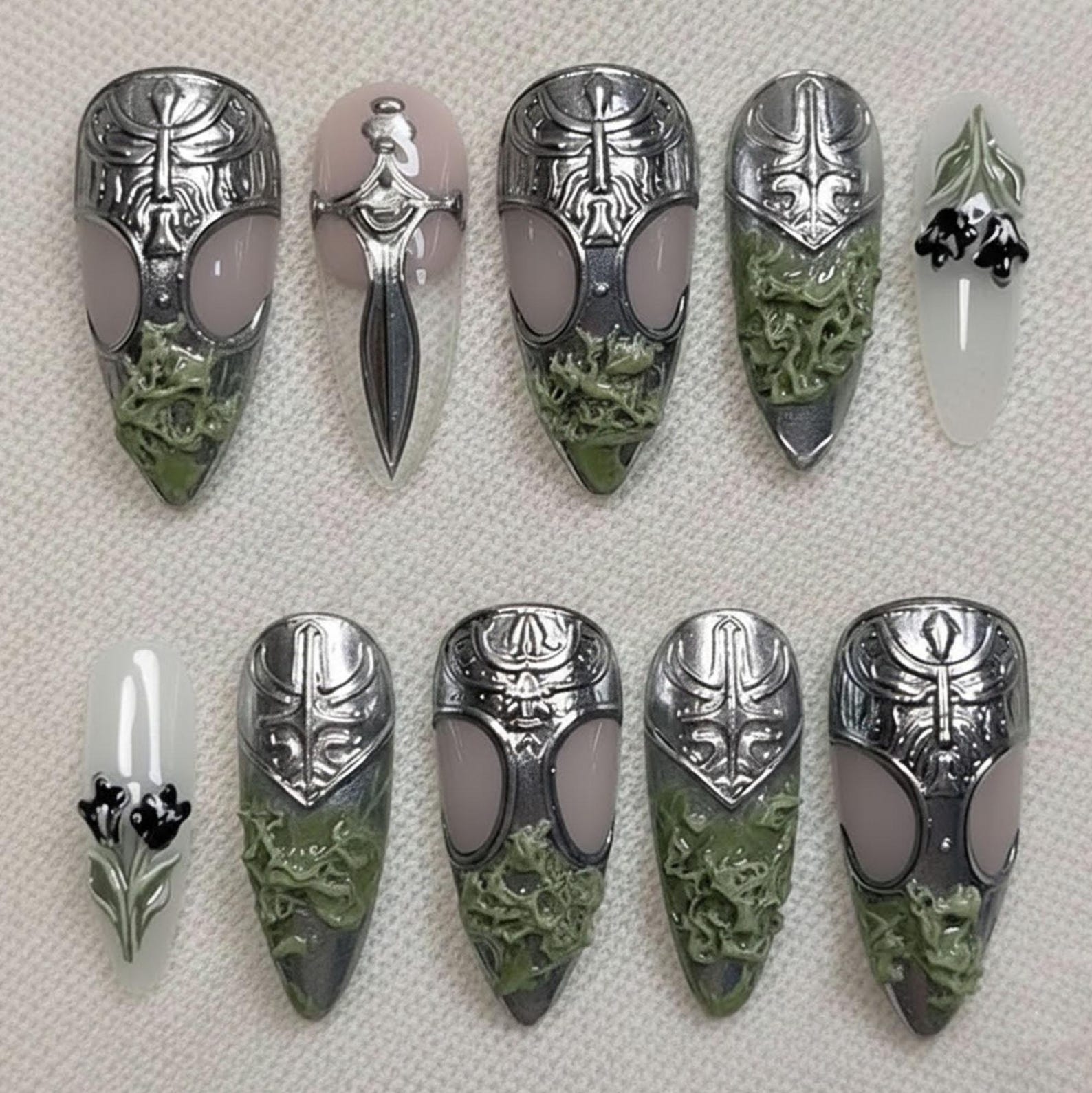 Medieval Armor Press on Nails, Knight Shield Sword Gothic Green 3D Long ...